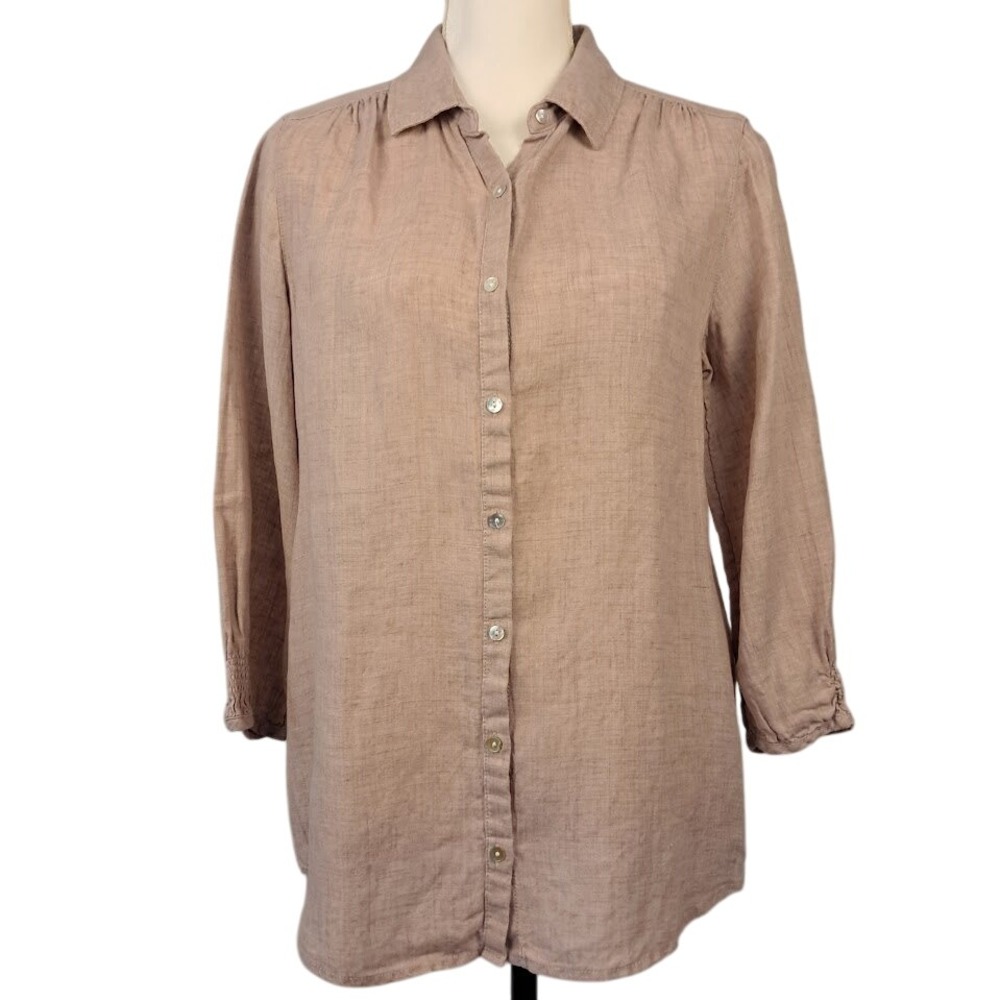 SIGRID OLSEN S 100% Linen Button-Up‎ Blouse Beige Latte 3/4 Sleeve Relaxed Fit